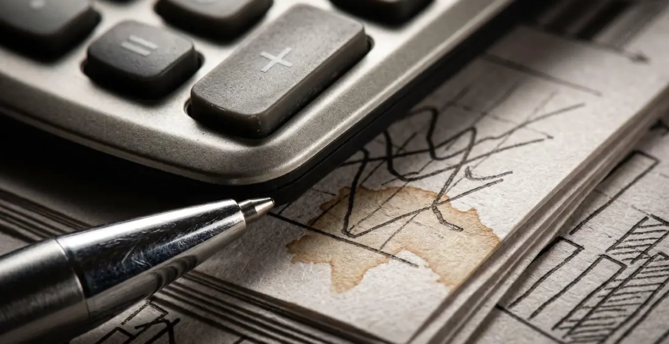 Vue macro de documents financiers avec calculatrice montrant l'analyse d'un prêt étudiant