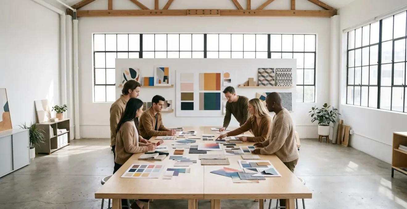 Équipe d'étudiants en création numérique travaillant sur un projet client réel dans un studio créatif